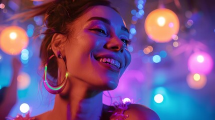 Sticker - Joyful woman with neon earrings grooving at a party, surrounded by dynamic lights