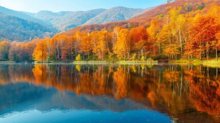 Poster - Serene lake with vibrant autumn foliage reflection