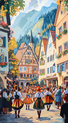 Canvas Print - Traditional Folk Dancers and Colorful Parade at Oktoberfest  