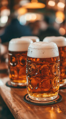 Sticker - Traditional Oktoberfest Steins with Frothy Beer on Festive Table 