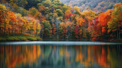 Poster - Tranquil lake surrounded by colorful fall trees