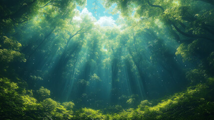 A lush green forest with sunlight shining through the trees