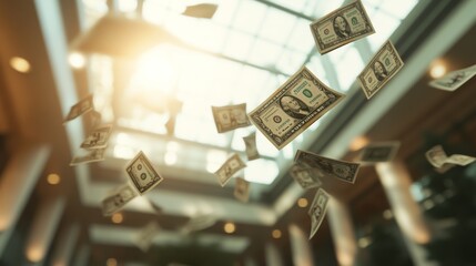 Poster - Cash flying in a shopping mall atrium with sunlight streaming