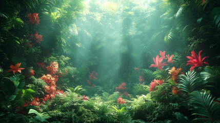 Wall Mural - A lush green jungle with a bright sun shining through the trees