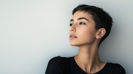 Wall Mural - Confident woman with short hair and minimalistic background