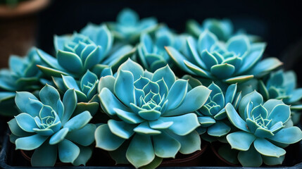 Poster - Close-up image of several blue-green echeveria succulents, showcasing their rosette-shaped leaves and symmetrical growth. The succulents are placed in a black tray.