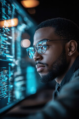 Wall Mural - AI Cybersecurity Threat,  A Black IT specialist analyzes data for potential information technology privacy breaches using artificial intelligence tools and methods