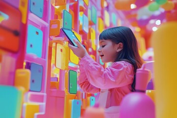 A joyful child explores a colorful digital world. Bright hues and playful shapes capture imagination. A blend of fun and technology in a vibrant setting. Generative AI