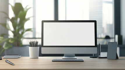 Poster - Home office desk featuring monitor laptop tablet smartphone and clean background