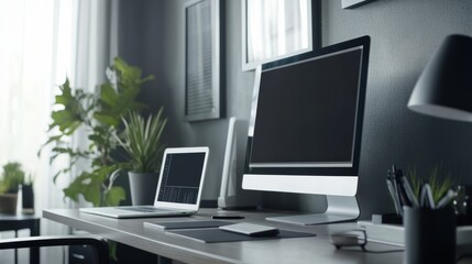 Poster - Modern workspace with monitor laptop tablet smartphone on desk with free space background
