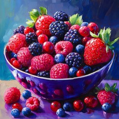 Poster - A vibrant bowl overflowing with fresh, juicy raspberries, strawberries, blackberries and blueberries, painted in a vivid, impressionistic style.