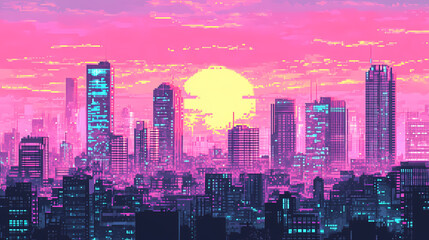 Wall Mural - Pixel art city in vaporwave style, background in retro style for bit game, generative ai. Vaporwave. Illustration