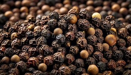 Wall Mural - A close-up shot of a pile of black peppercorns. The peppercorns are arranged in a random pattern.