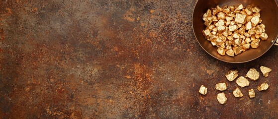 Gold nuggets spread on a textured rusty metal surface, with a gold pan in soft focus, representing the process of panning for gold and striking riches