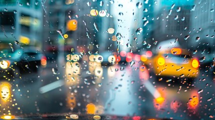 Leinwandbilder - A rainy day in an urban area with blurred cars passing by, their lights reflecting on the wet pavement, and raindrops streaming down a window.