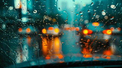 Leinwandbilder - A rainy day in an urban area with blurred cars passing by, their lights reflecting on the wet pavement, and raindrops streaming down a window.