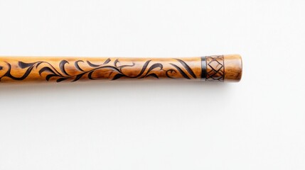 Traditional didgeridoo on a pristine white surface, emphasizing its distinctive shape and craftsmanship, a striking representation of cultural heritage and artistry.