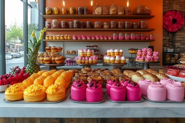 Wall Mural - Delicious bakery items arranged beautifully, each treat tempting with its perfect golden crust and fresh ingredients. The display exudes warmth and comfort, making every bite irresistible.