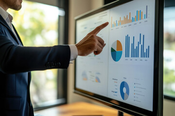 Confident businessman presenting digital tablet to diverse team in modern office. Interactive whiteboard displays charts, fostering collaboration and teamwork