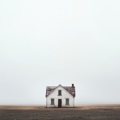 A white house stands alone in a foggy field.