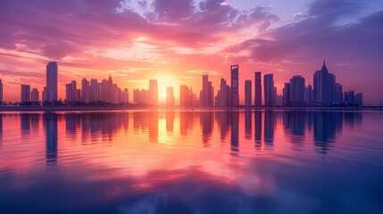 Poster - Panoramic view of a sophisticated city skyline with high-rise structures and a vibrant sunset sky, reflecting off the calm water below.