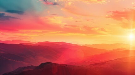 Wall Mural - Radiant orange and pink hues fill the sky as the sun sets behind distant mountains, casting a warm glow over the landscape.