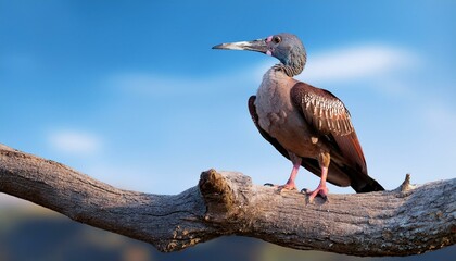 A majestic bird perched on a branch, showcasing its unique plumage against a bright blue sky.