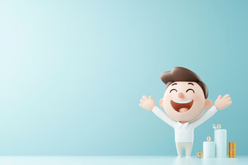 A cheerful cartoon character celebrating success with raised arms, symbolizing joy and achievement in a light blue background.