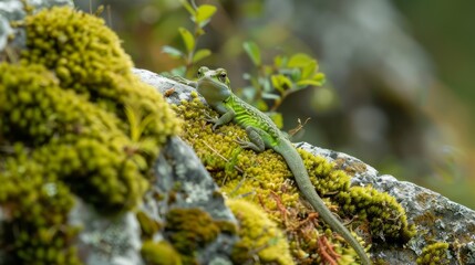 A frog is sitting on a mossy rock. The frog is green and brown. The moss is green and fuzzy