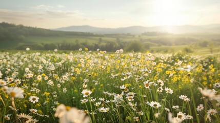 Poster - Serene spring meadow covered in a blanket of white and yellow wildflowers, with a backdrop of distant green hills and a sunny, clear sky.