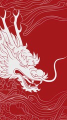 Wall Mural - White dragon on red background