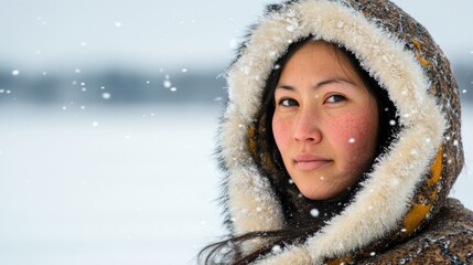 Beautiful Eskimo or Inuit girl in traditional clothes national costume on Snowy Landscape Setting