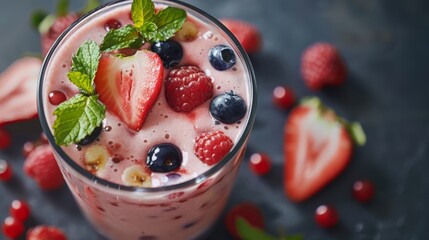 Aufkleber - Strawberry banana smoothie with fresh berries and mint garnish