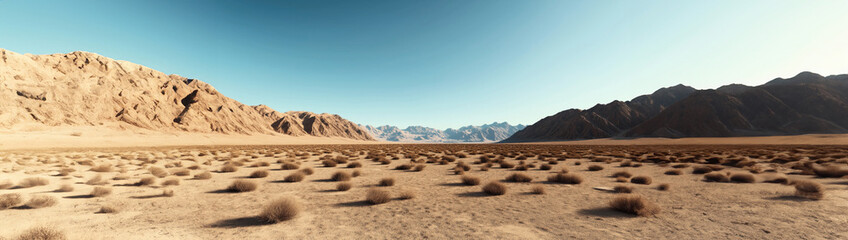 Poster - Vast desert landscape with scattered brown shrubs and rugged mountains in the background under a clear blue sky, showcasing an arid and barren environment.