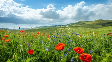 Poster - Tranquil spring meadow with lush green grass, dotted with colorful blossoms such as poppies and violets, against a backdrop of rolling hills and fluffy clouds.