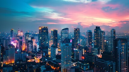 Poster - Vibrant city skyline at dusk with a variety of high-rise buildings, creating a captivating contrast between the illuminated cityscape and the darkening sky.
