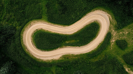 Sticker - Aerial view of a winding dirt road forming a loop in a green landscape with dense vegetation. The road is surrounded by lush grasses and foliage.