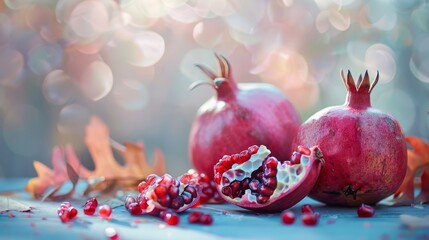 Poster - Whole pomegranates and a few cut-open pieces with seeds exposed, set against a soft, blurred background