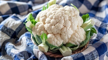 Poster - Whole cauliflower on a blue and white checkered cloth background