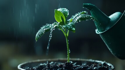Aufkleber - A close-up view of water droplets on the leaves of a young plant, being watered with a small watering can, with a minimalistic background.