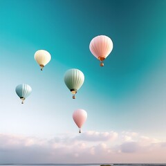  Pastel hot air balloons in a clear sky, soft and whimsical, ideal for a childs room or playful space