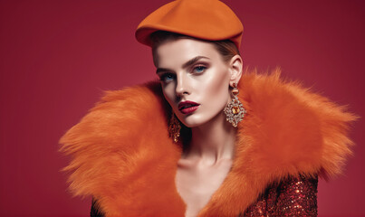 A woman wearing a red beret, fur coat, and large earrings poses in front of a red background