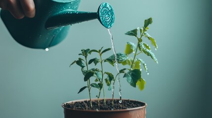 Wall Mural - A person's hand holds a watering can over a small plant with water drops falling on its young leaves, against a simple background.