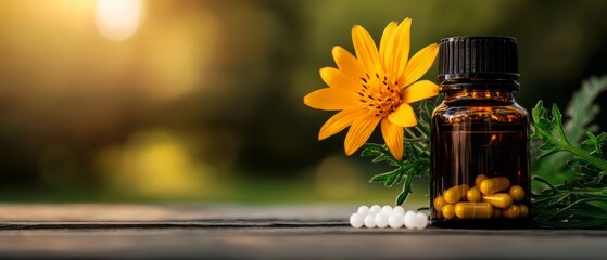 A close-up of a glass bottle containing herbal supplements, alongside a vibrant yellow flower and homeopathic pellets on a wooden surface.