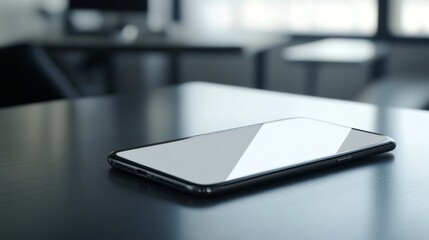 Poster - Close-up of a modern smartphone lying on a desk with a blank display and an uncluttered backdrop