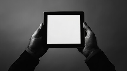 Poster - Person holding a tablet with a blank screen in front of a solid, monochrome backdrop