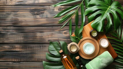 Spa treatment essentials with green leaves on wooden surface