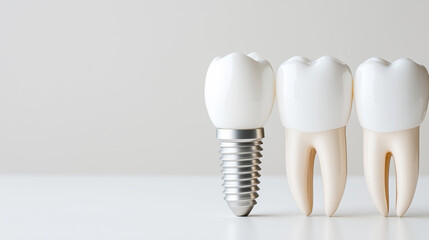 dental implant with teeth on white background with copy space for text