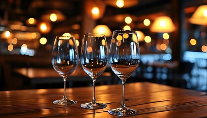 Intimate dining atmosphere with empty wine glasses resting on a rustic wooden table illuminated by soft lighting