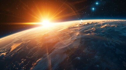 Poster - Dawn breaking over Earth with sunbeams piercing the atmosphere
